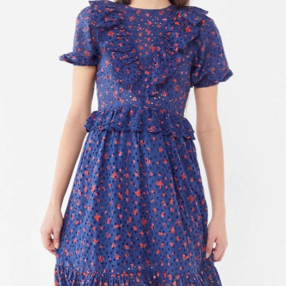 Urban Outfitters Boho Dress 4 Eyelet Maxi Red Blue Ruffle Puff Sleeves Dainty
